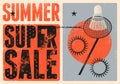 Summer Super Sale typographical vintage style grunge poster design with badminton equipment. Retro vector illustration. Royalty Free Stock Photo